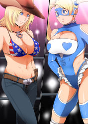 Rule 34 | 2girls, american flag bikini, american flag print, bare shoulders, belt, bikini, bikini top only, blonde hair, blue eyes, boxing ring, breasts, capcom, cleavage, cleavage cutout, clothing cutout, crossover, dead or alive, flag print, gloves, gradient background, greco roman (spiral brain), groin, hat, highres, large breasts, legs, long hair, looking at another, multiple girls, navel, pants, print bikini, rainbow mika, serious, shiny skin, short hair, standing, street fighter, street fighter v, swimsuit, tecmo, thighs, tina armstrong, twintails
