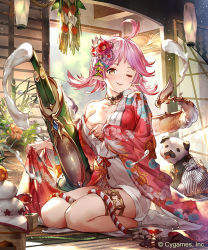 Rule 34 | 1girl, 77gl, :p, ahoge, architecture, bare shoulders, blush, breasts, brown eyes, cleavage, east asian architecture, fantasy, floral print, flower, full body, hair flower, hair ornament, japanese clothes, japanese house, kadomatsu, kimono, large breasts, looking at viewer, new year, no bra, obi, off shoulder, official art, one eye closed, original, panties, pink hair, pointy ears, sash, shingeki no bahamut, short hair, sitting, solo, tabi, tongue, tongue out, underwear, white panties, wide sleeves