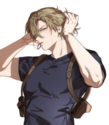 Rule 34 | 1boy, absurdres, adjusting hair, blue eyes, blue shirt, blush, brown hair, hair between eyes, hair tie in mouth, highres, holster, jujeop, leon s. kennedy, looking at viewer, male focus, mouth hold, resident evil, resident evil 4, shirt, short sleeves, simple background, solo, sweat, toned, toned male, upper body, white background