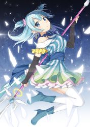 Rule 34 | 1girl, :o, bare shoulders, black gloves, blue eyes, blue footwear, blue hair, blue neckwear, blue ribbon, blush, boots, choker, dress, earrings, elbow gloves, fingerless gloves, gloves, gradient dress, green skirt, high heel boots, high heels, highres, jewelry, looking at viewer, magia record: mahou shoujo madoka magica gaiden, magical girl, mahou shoujo madoka magica, minami rena, polearm, ribbon, ribbon choker, short hair, skirt, solo, taiyaki (astre), thighhighs, trident, two side up, weapon, white thighhighs