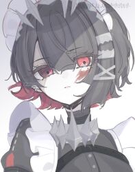 1girl absurdres black_hair blood blood_on_face ellen_joe expressionless hair_between_eyes hair_ornament hairclip highres looking_at_viewer maid maid_headdress mole mole_under_eye portrait red_eyes red_hair shark_girl short_hair sidelocks simple_background solo zenless_zone_zero zzzii0