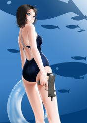 Rule 34 | 1girl, absurdres, ass, black hair, blue eyes, competition school swimsuit, from below, gun, highres, innertube, kirin404, looking back, mac-10/11, machine pistol, one-piece swimsuit, original, realistic, revision, school swimsuit, see-through, short hair, solo, submachine gun, swim ring, swimsuit, weapon