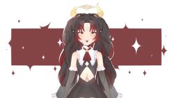 Rule 34 | 1girl, black hair, commission, demon horns, dress, ears, fang, fangs, highres, horns, idol corp, knee up, lily sin, long hair, looking at viewer, mulitcoloured hair, open mouth, pointy ears, simple background, skirt, sleeves past wrists, teeth, virtual youtuber, yellow eyes