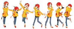Rule 34 | 10s, 1girl, arms behind back, crossed arms, highres, hino akane (smile precure!), long image, open mouth, orange shirt, pants, precure, red hair, shirt, shoes, simple background, smile, smile precure!, smock, tima, white background, wide image