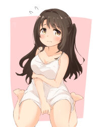 Rule 34 | 1girl, 3:, arm under breasts, blush, border, breasts, brown eyes, brown hair, camisole, cleavage, collarbone, commentary request, flying sweatdrops, frown, full body, furrowed brow, hair intakes, half updo, idolmaster, idolmaster cinderella girls, kuwahara, long hair, looking at viewer, medium breasts, one side up, paid reward available, pink background, shimamura uzuki, shirt tug, sitting, solo, tearing up, wariza, wavy mouth, white border, white camisole