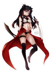 Rule 34 | 1girl, archer (fate), archer (fate) (cosplay), black footwear, black gloves, black hair, black panties, blue eyes, blush, boots, breasts, breasts apart, cape, closed mouth, cosplay, covered erect nipples, dual wielding, elbow gloves, fate/kaleid liner prisma illya, fate/stay night, fate (series), fingerless gloves, floating hair, frown, full body, gloves, head tilt, high heel boots, high heels, highres, holding, holding weapon, kanshou &amp; bakuya (fate), long hair, medium breasts, midriff, navel, panties, red cape, shiny skin, simple background, solo, stomach, thigh boots, tohsaka rin, twintails, underwear, very long hair, waist cape, weapon, white background, zasshu