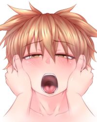 Rule 34 | 1boy, 1girl, blush, brown hair, collarbone, cropped shoulders, eargasm, fingernails, hair between eyes, half-closed eyes, hands on another&#039;s face, kuroba rapid, looking at viewer, open mouth, oral invitation, pointy hair, pov, pov hands, rubbing ears, short hair, simple background, solo focus, teeth, tongue, touhou, toyosatomimi no miko, uncommon stimulation, upper body, white background, yellow eyes
