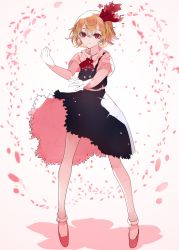Rule 34 | 1girl, ascot, beads, black skirt, black vest, blonde hair, blurry, blurry background, closed mouth, commentary request, depth of field, full body, hair between eyes, hair ribbon, hands up, highres, ikurauni, light smile, petals, pink background, red ascot, red eyes, red ribbon, ribbon, rumia, short hair, simple background, skirt, solo, standing, touhou, vest