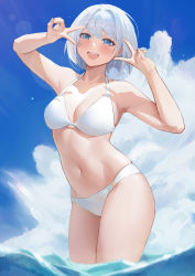Rule 34 | :d, absurdres, bare arms, bare shoulders, bikini, blue eyes, blue sky, breasts, character request, cleavage, cloud, copyright request, cowboy shot, day, double v, hands up, highres, looking at viewer, medium breasts, mofashao nanheitu, navel, open mouth, outdoors, short hair, sky, smile, standing, stomach, swimsuit, thighs, v, wading, water, white bikini, white hair