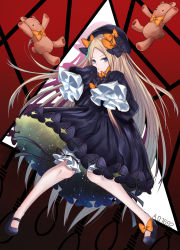 Rule 34 | 1girl, abigail williams (fate), black bow, black dress, black footwear, black hat, blonde hair, bloomers, blue eyes, bow, bug, butterfly, dress, fate/grand order, fate (series), frilled sleeves, frills, full body, hair bow, hands in opposite sleeves, hat, highres, ichinose rom, insect, long hair, long sleeves, looking at viewer, orange bow, parted lips, solo, stuffed animal, stuffed toy, teddy bear, underwear, very long hair