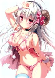 Rule 34 | 1girl, absurdres, ahoge, arm at side, babydoll, bare shoulders, bow, bow bra, bow panties, bra, breasts, choker, collarbone, cowboy shot, crotchless, crotchless panties, cupless bra, dengeki moeou, gluteal fold, hair between eyes, hair bow, hairband, hand on own head, highres, horns, kino (kino konomi), large breasts, lingerie, long hair, looking at viewer, minori (company), nanami shirone, navel, negligee, nippleless clothes, nipples, panties, pink bow, pink panties, pom pom (clothes), puffy nipples, red eyes, sheep horns, silver hair, simple background, single thighhigh, solo, striped clothes, striped thighhighs, thighhighs, trinoline, underwear, underwear only, white background, wrist cuffs