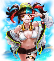 Rule 34 | 1girl, absurdres, bare shoulders, beach, bikini, black hair, black shorts, blue hair, blue sky, blush, breasts, cleavage, fate/grand order, fate (series), green hat, grin, hat, headphones, headphones around neck, highres, jacket, large breasts, long hair, long sleeves, looking at viewer, multicolored hair, navel, ocean, off shoulder, open clothes, open jacket, red hair, sei shounagon (fate), sei shounagon (swimsuit berserker) (fate), shore, short shorts, shorts, sidelocks, sky, smile, solo, sterben, swimsuit, thigh strap, thighs, twintails, v, visor cap, white bikini, white jacket, yellow eyes