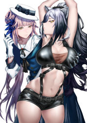 Rule 34 | 2girls, absurdres, animal ears, arknights, armpits, arms up, black shorts, blue dress, blue feathers, grabbing another&#039;s breast, breasts, cat ears, ceylon (arknights), cowboy shot, crop top, dress, feather hair, feathers, gloves, grabbing, hair bun, hand up, highres, holding, large breasts, long hair, looking at viewer, midriff, multiple girls, navel, pink hair, profile, schwarz (arknights), short shorts, shorts, silver hair, simple background, single hair bun, sleeveless, standing, stomach, thighs, very long hair, white background, white gloves, white headwear, xiaoye eago, yellow eyes, yuri