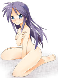 Rule 34 | 00s, 1girl, barefoot, blue eyes, blush, breast hold, breasts, covering privates, covering breasts, face, feet, hiiragi miki, kneeling, lucky star, mature female, nude, nude cover, purple hair, shing (sorairo factory), solo, tears