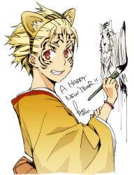 Rule 34 | 10s, 1girl, 2010, androgynous, animal ears, blonde hair, body writing, bracelet, calligraphy brush, drawing, face, facepaint, fake animal ears, grin, ink, japanese clothes, jewelry, kimono, kyo (kuroichigo), new year, original, paintbrush, red eyes, short hair, signature, smile, solo, tattoo, tiger, tiger ears