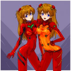 Rule 34 | 00s, 2girls, blue eyes, blush, bodysuit, breast press, breasts, dual persona, hand on own hip, hip focus, long hair, lowres, medium breasts, multicolored clothes, multiple girls, neon genesis evangelion, orange hair, plugsuit, rebuild of evangelion, red hair, see-through, skin tight, small breasts, souryuu asuka langley, test plugsuit, time paradox