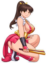 Rule 34 | 1girl, ass, breasts, fatal fury, folded fan, folding fan, hand fan, highres, large breasts, parted bangs, ponytail, revealing clothes, shigenobu, shiranui mai, simple background, solo, thighs, thong, white background