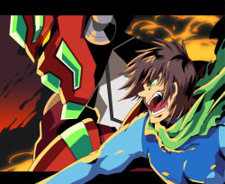 Rule 34 | 1boy, brown hair, fire, from side, getter robo, glowing, glowing eye, green eyes, green scarf, hair behind ear, kishia (jun&#039;aist), letterboxed, looking ahead, mecha, nagare ryoma, open mouth, pilot suit, robot, scarf, science fiction, shin getter-1, shin getter robo, shouting, super robot, yellow eyes