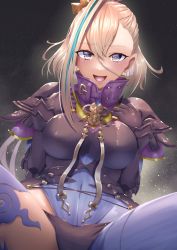 Rule 34 | 1girl, :d, absurdres, aqua hair, asymmetrical clothes, black background, breasts, covered navel, curecycadura, dutch angle, fate/grand order, fate (series), gloves, grey hair, hair between eyes, highres, huyan zhuo (fate), huyan zhuo (second ascension) (fate), large breasts, long hair, looking at viewer, multicolored hair, open mouth, purple eyes, single pantsleg, single thighhigh, sitting, smile, solo, streaked hair, thighhighs