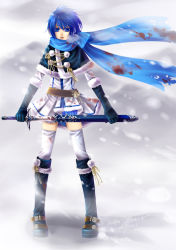 Rule 34 | 1girl, blood, blood on clothes, cape, earmuffs, fantasy, female focus, full body, gender request, genderswap, gloves, highres, kaiko, kaito (vocaloid), nao takase, outdoors, scarf, sheath, snow, solo, sword, thighhighs, unsheathing, vocaloid, weapon, zettai ryouiki