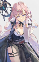 1girl absurdres adjusting_hair arknights arm_behind_back belt black_dress black_ribbon bow bowtie breasts center_opening closed_mouth colored_inner_hair cowboy_shot dress gloves grey_background hand_up highres leaning_forward light_smile long_sleeves looking_at_viewer lucilla_(arknights) multicolored_hair purple_eyes ribbon uutan_(shibainu_kakumei) weapon white_gloves