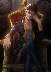 Rule 34 | abs, black clover, black hair, clock, crossed legs, highres, lucius zogratis, male focus, open clothes, open shirt, red eyes, throne, victor drawnz
