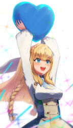 Rule 34 | 1girl, :d, arms up, blonde hair, blue eyes, braid, breasts, collared shirt, commentary, crossed bangs, crown braid, english commentary, hair over shoulder, hair ribbon, heart, holding, holding heart, isla coleman, laorenxing, long hair, long sleeves, medium breasts, necktie, open mouth, production kawaii, puffy long sleeves, puffy sleeves, ribbon, shirt, smile, solo, sparkle, standing, twin braids, very long hair, virtual youtuber, white background