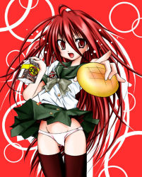 Rule 34 | 00s, 1girl, alastor (shakugan no shana), black thighhighs, blush, bow, bread, clothes lift, coffee, food, jewelry, long hair, melon bread, miniskirt, panties, pendant, pleated skirt, red eyes, red hair, school uniform, serafuku, shakugan no shana, shana, skirt, skirt lift, smile, solo, standing, thigh gap, thighhighs, thighs, underwear, very long hair, white panties, wind, wind lift