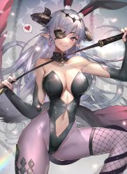 Rule 34 | 1girl, animal ear fluff, animal ears, breasts, cleavage, clothing cutout, demon girl, demon horns, detached collar, detached sleeves, earrings, eyepatch, fur, heart, highres, hitowa, holding, holding riding crop, horns, jewelry, long hair, looking at viewer, mask, nail polish, navel cutout, original, pointy ears, purple hair, rabbit ears, riding crop, single fishnet legwear, solo, spoken heart, tail
