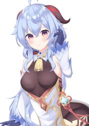 Rule 34 | 1girl, absurdres, ahoge, bare shoulders, bell, black legwear, blue gloves, blue hair, blush, breasts, chinese knot, detached sleeves, flower knot, ganyu (genshin impact), genshin impact, gloves, gold trim, highres, horns, light smile, long hair, looking at viewer, medium breasts, minato xy, neck bell, purple eyes, sidelocks, solo, thighlet, vision (genshin impact), white background, white sleeves