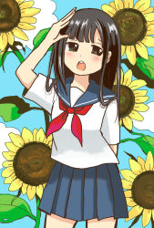 Rule 34 | 1girl, :o, arm behind back, black hair, blue eyes, blue sailor collar, blue skirt, blush, cloud, commentary request, contrapposto, dot nose, floral background, flower, hand up, highres, long hair, looking at viewer, manmi, neckerchief, open mouth, original, pleated skirt, red neckerchief, round teeth, sailor collar, shirt, short sleeves, skirt, solo, standing, sunflower, teeth, white shirt