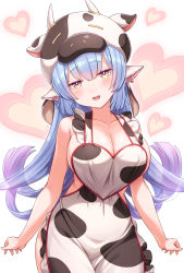 Rule 34 | 1girl, animal ears, animal print, apron, bare shoulders, blue hair, blush, breasts, catura (granblue fantasy), cleavage, cow ears, cow girl, cow hat, cow horns, cow print, detached collar, draph, ear piercing, granblue fantasy, heart, highres, horns, large breasts, long hair, looking at viewer, naked apron, open mouth, piercing, pointy ears, smile, solo, thighs, tomo (tmtm mf mf), yellow eyes