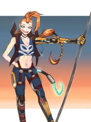 Rule 34 | 1girl, bare shoulders, braid, breasts, choker, gloves, green eyes, highres, jacket, jewelry, jinx (league of legends), league of legends, long hair, looking at viewer, single mechanical arm, necklace, odyssey jinx, orange hair, prosthesis, prosthetic arm, small breasts, smile, solo, tank top, very long hair