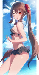 Rule 34 | 1girl, :d, absurdres, ahoge, bare arms, bare shoulders, bikini, black bikini, breasts, brown hair, commentary request, genshin impact, groin, hair ornament, hair scrunchie, highres, hu tao (genshin impact), long hair, looking at viewer, no headwear, open mouth, red eyes, red scrunchie, scrunchie, small breasts, smile, snozaki, solo, standing, stomach, swimsuit, thighs, twintails, very long hair