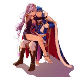 Rule 34 | 1boy, 1girl, armor, blue cape, blue eyes, blue hair, boots, breasts, cape, cleavage, commission, dress, earrings, fire emblem, fire emblem: genealogy of the holy war, flower, hair flower, hair ornament, headband, high heels, highres, ishtar (fire emblem), ishtar (fire emblem) (echoing thunder), jewelry, long hair, long sleeves, looking at viewer, mango (mgosketches), nintendo, official alternate costume, pants, ponytail, purple eyes, purple hair, red cape, seliph (fire emblem), seliph (scion of light) (fire emblem), shadow, shoulder armor, simple background, sitting, sitting on lap, sitting on person, smile, thighs, very long hair, white background, white cape, white headband, white pants