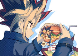Rule 34 | 2boys, black hair, blonde hair, burger, commentary request, drink, food, highres, holding, holding food, in food, jacket, male focus, millennium puzzle, multicolored hair, multiple boys, muto yugi, red eyes, red hair, simple background, spot dian, sweatdrop, upper body, white background, yami yugi, yu-gi-oh!, yu-gi-oh! duel monsters