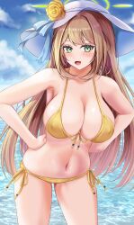 Rule 34 | 1girl, :d, armpit peek, bikini, blue archive, blue sky, blush, breasts, brown hair, cleavage, cloud, commentary, cowboy shot, day, flower, fukuda shuushi, green eyes, hands on own hips, hat, hat flower, hat ribbon, highres, horizon, large breasts, long hair, navel, nonomi (blue archive), nonomi (swimsuit) (blue archive), ocean, open mouth, outdoors, ribbon, side-tie bikini bottom, sky, smile, solo, standing, stomach, sun hat, swimsuit, very long hair, yellow bikini