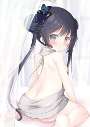 Rule 34 | 1girl, :o, ass, backless outfit, bare arms, bare shoulders, barefoot, black hair, blue archive, blush, braid, breasts, butt crack, butterfly hair ornament, commentary request, curtains, double bun, from behind, grey eyes, grey sweater, hair bun, hair ornament, halo, highres, kisaki (blue archive), long hair, looking at viewer, looking back, meme attire, parted lips, renew vivi, ribbed sweater, sideboob, sitting, small breasts, solo, sweater, transparent, twintails, very long hair, virgin killer sweater, wariza
