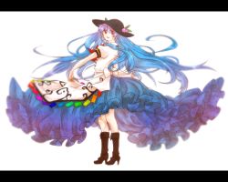 Rule 34 | 1girl, blue hair, boots, dress, female focus, full body, hat, hinanawi tenshi, hotmilkice, ice (aitsugai), knee boots, letterboxed, long hair, red eyes, simple background, solo, touhou, very long hair, white background