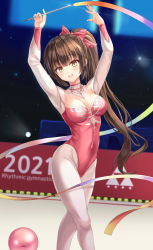 Rule 34 | 1girl, 2021, :d, arms up, athletic leotard, ball, blush, bnari, bow, breasts, brown hair, commentary, commission, covered navel, gymnastics, gymnastics ribbon, hair bow, highres, holding, leotard, long hair, long sleeves, looking at viewer, medium breasts, open mouth, original, pantyhose, ponytail, red bow, red leotard, rhythmic gymnastics, smile, solo, teeth, upper teeth only, very long hair, white pantyhose, white sleeves, yellow eyes