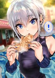 Rule 34 | !, 1girl, absurdres, bare shoulders, blue eyes, blush, commentary request, earrings, fake nails, focused, food, highres, holding, holding food, jacket, jewelry, light particles, looking at viewer, multiple earrings, multiple piercings, off-shoulder jacket, off shoulder, original, otomore (shashaki), outdoors, shashaki, shirt, short hair, silver hair, sleeveless, sleeveless shirt, solo, spoken exclamation mark, storefront, taiyaki, translation request, wagashi