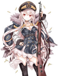 Rule 34 | 1girl, belt, blush, bolt action, boots, breasts, bullet, chohee, choker, cleavage, closed mouth, collarbone, cross-laced footwear, fur, girls&#039; frontline, gun, hair between eyes, hand on own hip, hat, highres, jacket, jacket on shoulders, kar98k (girls&#039; frontline), long sleeves, looking away, mauser 98, medium breasts, peaked cap, red eyes, rifle, signature, simple background, skirt, smile, solo, standing, thigh boots, thighhighs, weapon, white background, white hair, white skirt