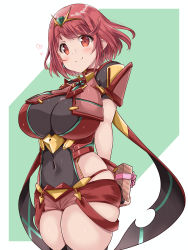 Rule 34 | absurdres, black gloves, bob cut, breasts, chest jewel, earrings, fingerless gloves, gem, gloves, headpiece, highres, jewelry, kurokaze no sora, large breasts, pyra (xenoblade), red eyes, red hair, red shorts, red thighhighs, short hair, short shorts, shorts, solo, swept bangs, thighhighs, tiara, xenoblade chronicles (series), xenoblade chronicles 2