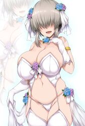 Rule 34 | 1girl, blush, breasts, bride, bustier, cameltoe, cleavage, cleft of venus, commentary request, cowboy shot, curvy, flower wreath, garter straps, gloves, grey hair, groin, hair over eyes, hand on own chest, head wreath, highres, huge breasts, lingerie, long bangs, open mouth, panties, plump, short hair, short hair with long locks, sidelocks, skindentation, smile, solo, strapless, thighhighs, thong, tsukasawa takamatsu, undersized breast cup, underwear, uzaki-chan wa asobitai!, uzaki yanagi, waist cape, white garter straps, white gloves, white panties, white thighhighs, white veil, zoom layer