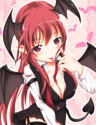 Rule 34 | 1girl, :p, akanbe, bat wings, belt, black thighhighs, blush, breasts, cleavage, collarbone, demon wings, dress shirt, eyelid pull, female focus, garter belt, garter straps, head wings, koakuma, large breasts, long hair, long sleeves, pleated skirt, pointy ears, red eyes, red hair, resized, shirt, skirt, solo, tenchou no matsumoto, thighhighs, tongue, tongue out, touhou, vest, wings