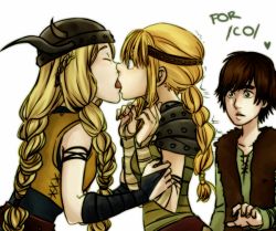 Rule 34 | 1boy, 2girls, arm grab, armor, astrid hofferson, blonde hair, blue eyes, blush, braid, brown hair, cheating (relationship), closed eyes, dreamworks, fake horns, freckles, french kiss, from side, green eyes, headband, helmet, hiccup horrendous haddock iii, horned helmet, horns, how to train your dragon, kiss, long hair, looking at another, multiple girls, netorare, open mouth, pauldrons, profile, ruffnut thorston, short hair, shoulder armor, simple background, single braid, standing, surprised, tongue, trembling, upper body, white background, yuri