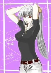 Rule 34 | 1girl, adjusting hair, belt, breasts, covered erect nipples, leoheart, long hair, lyrical nanoha, mahou shoujo lyrical nanoha, mahou shoujo lyrical nanoha a&#039;s, medium breasts, mouth hold, pants, red eyes, reinforce, shirt, silver hair, solo