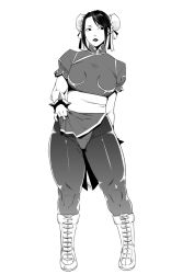 Rule 34 | 1girl, bracelet, breasts, capcom, chinese clothes, chun-li, curvy, double bun, ganto, hair bun, jewelry, large breasts, lips, monochrome, simple background, street fighter, tagme, thick thighs, thighs
