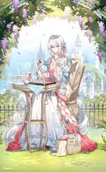 Rule 34 | 1girl, arch, argyle, basket, battenberg cake (food fantasy), blue eyes, blue ribbon, board game, braid, candy jar, castle, chair, chess, chess piece, chessboard, cup, dress, falling petals, floral arch, floral print, flower, food fantasy, fountain, french braid, full body, gown, grass, hair between eyes, hair ornament, hair ribbon, hand on own chin, highres, holding, holding chess piece, jam, jar, long hair, looking at viewer, low twintails, multicolored clothes, multicolored dress, official art, petals, pink dress, pink flower, pink ribbon, pink rose, plant, puffy short sleeves, puffy sleeves, purple flower, ribbon, rose, rose bush, saucer, short sleeves, sitting, smile, solo, table, teacup, third-party source, tiara, twintails, very long hair, white dress, white hair, wisteria, wrist cuffs