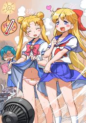 Rule 34 | + +, 2others, 3girls, absurdres, aino minako, artemis (sailor moon), bishoujo senshi sailor moon, black cat, blue hair, blue sailor collar, blue skirt, blush stickers, book, bow, cat, closed eyes, clothes lift, commentary request, dated, double bun, drooling, electric fan, fanning crotch, feet out of frame, glasses, hair bow, hair bun, heart, highres, isedaichi ken, lifted by self, liquid-in-glass thermometer, long hair, long skirt, luna (sailor moon), mizuno ami, multiple girls, multiple others, navel, panties, polka dot, polka dot panties, red bow, red neckwear, sailor collar, school uniform, serafuku, shaded face, short hair, short sleeves, skirt, skirt lift, socks, steam, striped clothes, striped panties, sweat, thermometer, translation request, tsukino usagi, twintails, underwear, white cat, white legwear